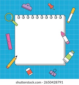 Colorful school and office supplies on a blue background, flat lay style. Perfect for education, creativity, back to school, or workspace concepts.