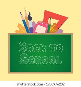 Colorful school poster with chalk inscription Back to school on the school blackboard. Against the background of school supplies with autumn leaves. Vector illustration.