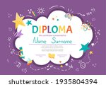 Colorful school and preschool diploma certificate for kids and children in kindergarten or primary grades with school pack, kit on violet background. Vector cartoon flat illustration