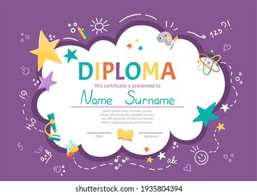 Colorful school and preschool diploma certificate for kids and children in kindergarten or primary grades with school pack, kit on violet background. Vector cartoon flat illustration