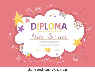 Colorful school and preschool diploma certificate for kids and children in kindergarten or primary grades with school pack, kit on pink background. Vector cartoon flat illustration