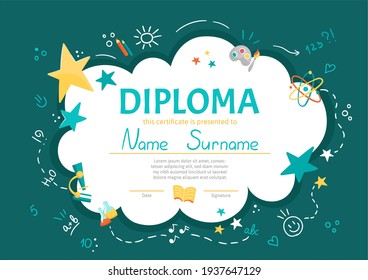 Colorful school and preschool diploma certificate for kids and children in kindergarten or primary grades with school pack, kit on green chalkboard background. Vector cartoon flat illustration
