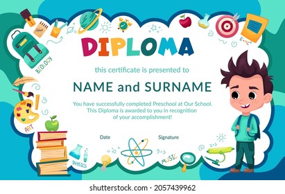 Colorful school and preschool diploma certificate for kids and children in kindergarten or primary grades with school pack, kit. Vector cartoon flat illustration