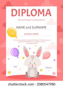 Colorful school and preschool diploma certificate with cute hare bunny for kids and children in kindergarten or primary grades. Vector cartoon flat illustration