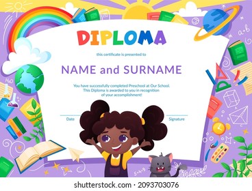 Colorido certificado de diploma escolar y preescolar para niños y niños en kindergarten o primaria con paquete escolar, kit y lindo y feliz alumno y gato. Ilustración plana de dibujos animados