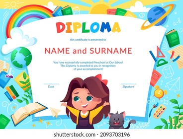 Colorful school and preschool diploma certificate for kids and children in kindergarten or primary grades with school pack, kit and cute happy pupil and cat. Vector cartoon flat illustration