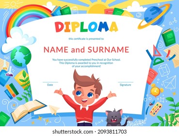 Colorful school and preschool diploma certificate for kids and children in kindergarten or primary grades with school pack, kit and cute happy pupil and cat. Vector cartoon flat illustration