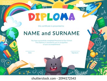 Colorful school and preschool diploma certificate for kids and children in kindergarten or primary grades with school pack, kit and cute cat. Vector cartoon flat illustration