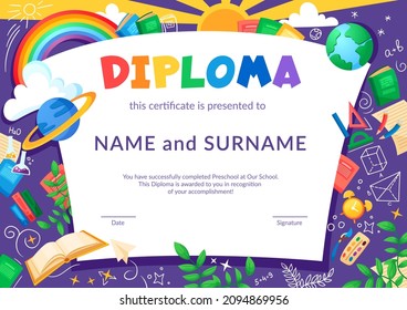 Colorful school and preschool diploma certificate for kids and children in kindergarten or primary grades with school pack, kit. Vector cartoon flat illustration