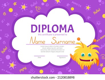 Colorful school and preschool diploma certificate for kids and children in kindergarten or primary grades with cute and kind monsters. Vector cartoon flat illustration
