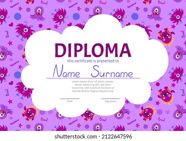 Colorful school and preschool diploma certificate for kids and children in kindergarten or primary grades with cute and kind monsters. Vector cartoon flat illustration
