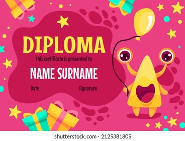 Colorful school and preschool diploma certificate for kids and children in kindergarten or primary grades with cute and kind monsters. Vector cartoon flat illustration
