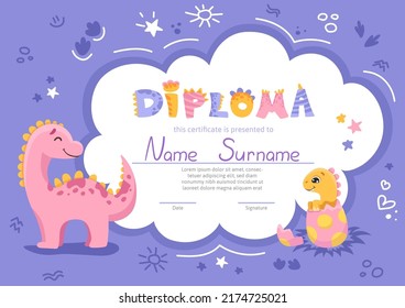 Colorful school and preschool diploma certificate for kids and children in kindergarten or primary grades with cute dinosaurs. Vector cartoon illustration