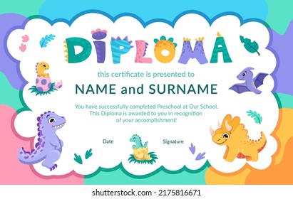 Colorful school and preschool diploma certificate for kids and children in kindergarten or primary grades with cute dinosaurs. Vector cartoon illustration