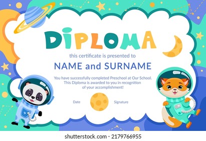 Colorful school and preschool diploma certificate for children with astronaut animals in open space with stars and planets. Vector cartoon illustration