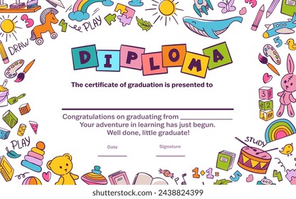 Colorful school and preschool diploma certificate for kids and children in kindergarten or primary grades with doodle elements on blue background. Vector cartoon flat illustration