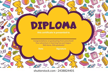 Colorful school and preschool diploma certificate for kids and children in kindergarten or primary grades with doodle elements on blue background. Vector cartoon flat illustration