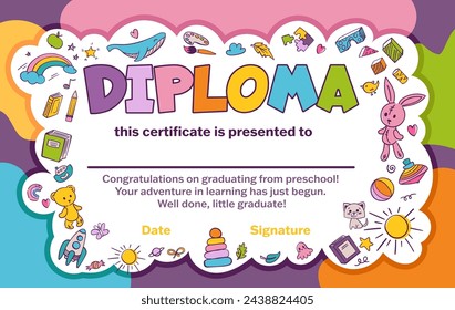 Colorful school and preschool diploma certificate for kids and children in kindergarten or primary grades with doodle elements on blue background. Vector cartoon flat illustration