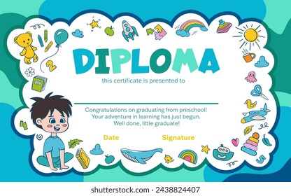 Colorful school and preschool diploma certificate for kids and children in kindergarten or primary grades with doodle elements on blue background. Vector cartoon flat illustration