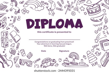 Colorido certificado de diploma escolar y preescolar para niños y niños en grados de jardín de infantes o primaria con antecedentes de Elementos de garabatos. Ilustración plana de dibujos animados de Vector