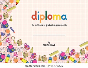 Colorful school and preschool diploma certificate for kids and children in kindergarten or primary grades with doodle elements