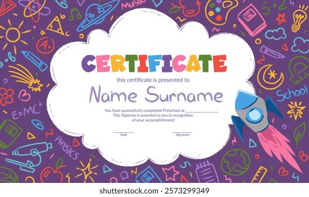 Colorful school and preschool diploma certificate for kids and children in kindergarten or primary grades with doodle crayon elements on colorful background. Vector cartoon flat illustration