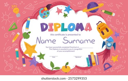 Colorful school and preschool diploma certificate for kids and children in kindergarten or primary grades with doodle crayon elements on colorful background. Vector cartoon flat illustration