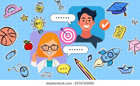 Colorful school and preschool diploma certificate for kids and children in kindergarten or primary grades with doodle elements on blue background. trendy school poster. Back to school. study concept.