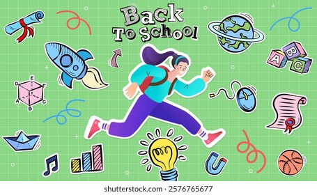 Colorful school and preschool diploma certificate for  children running in kindergarten or primary grades with doodle elements on green background. trendy school poster. Back to school. study concept.