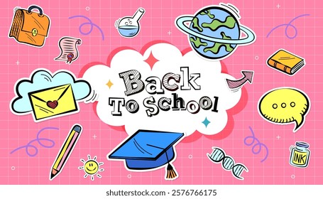 Colorful school and preschool diploma certificate for kids and children in kindergarten or primary grades with doodle elements on pink background. trendy school poster. Back to school. study concept.