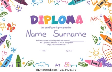 Colorful school and preschool diploma certificate for kids and children in kindergarten or primary grades with doodle elements, crayon scribbles, chalk on background. Vector cartoon flat illustration