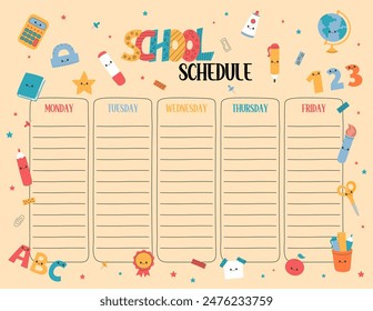 Colorful school schedule vector printable template. US Letter size worksheet. Funny weekly class timetable, lesson planner for elementary school students, kids daily chart. Monday to Friday. 
