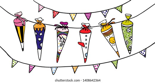 Colorful school scones for the first day of school - hand drawn illustration for horizontal cards or banners