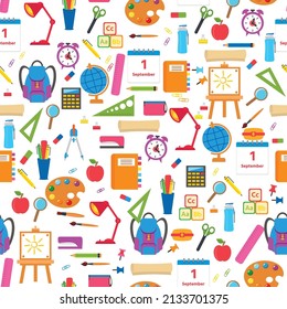Colorful school seamless pattern. School supplies and learning symbols. Vector illustration for your creativity, packaging