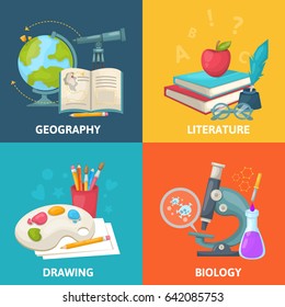 Colorful school square concept with geography literature drawing biology elements and objects vector illustration