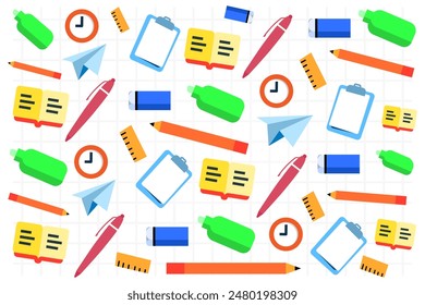 colorful school stationery 2D background concept illustration flat design