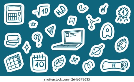 Colorful school sticker collection with backpacks, books, clocks, and lunchboxes. Hand-drawn doodle icons ideal for planners, digital scrapbooks, or classroom decoration. Vector files included.