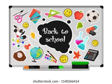 Colorful school stickers collection. Vector illustration of education objects stamps on white board. Back to school composition.