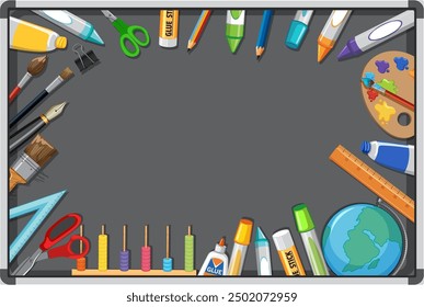Colorful school supplies arranged around a blackboard
