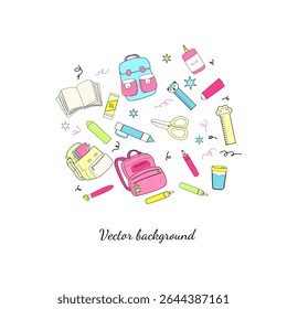 Colorful school supplies with backpacks and stationery for educational design.