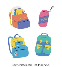 Colorful school supplies collection featuring backpacks and pencil case for students.