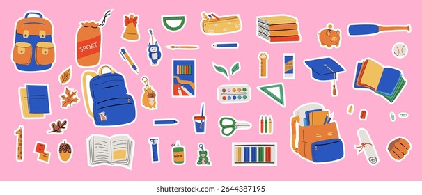 Colorful school supplies collection stickers for educational and creative projects. Vector education stickers. Back to school. Backpack, book, paints, ruler, pen, pencil, brushes, glue for planners