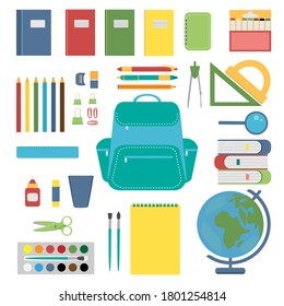 Colorful school supplies design element set. Vector illustration