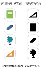 Colorful school supplies. Find the correct shadow. Educational game for children.
