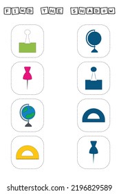 Colorful school supplies. Find the correct shadow. Educational game for children.

