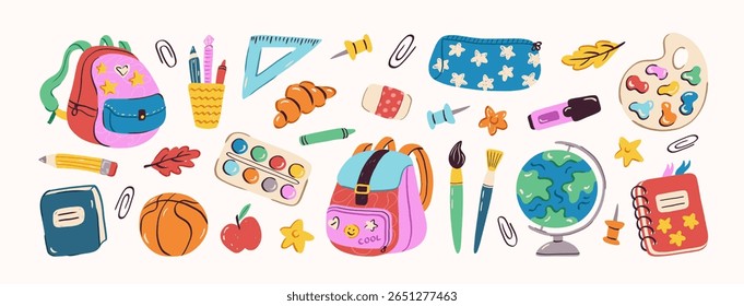 Colorful school supplies hand drawn set. Drawing in style of kids crayons. Backpack, book, globe, paint, ruler, pen, brushes, pencil. Vector trendy doodle illustration for study, school, university.