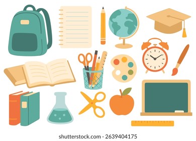 Colorful school supplies illustration featuring backpack books globe and other educational objects