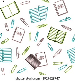 Colorful School Supplies And Office Stationary On A White Background. Vector Seamless Pattern For Banner, Poster, Office Supply Store, Website And Wrapping Paper. Back To School And Education Concept