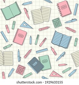 Colorful school supplies and office stationary stickers and patches on a notebook sheet in a cell. Vector seamless pattern for banner, poster, office supply store, website wallpaper and wrapping paper