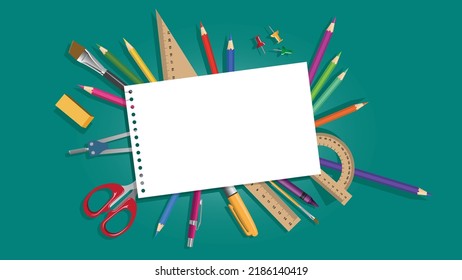 Colorful school supplies on green background vector illustration